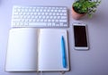 Workplace business still life. blank empty notebook, laptop tablet pc mobile phone, pen Royalty Free Stock Photo