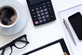 Workplace, coffee and diary with calculator Royalty Free Stock Photo