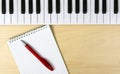 Workplace of a composer or singer. Synthesizer keyboard, notepad and pen Royalty Free Stock Photo