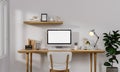 Workplace, computer with blank empty white screen display monitor on desk. Mock up, copy space. Home office concept Royalty Free Stock Photo