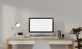 Workplace, computer with blank empty white screen display monitor on desk. Mock up, copy space. Home office concept Royalty Free Stock Photo