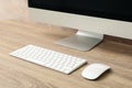 Workplace. Computer, keyboard and mouse on table, close up