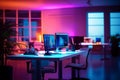 Workplace with computers in the office at night. 3d rendering Royalty Free Stock Photo