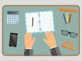 Workplace concept. Top view hands, calculator, notebook, pencil, mobile phone. Vector flat illustration.