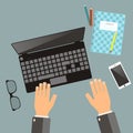 Workplace concept. Top view hands, laptop, notebook, pencil, glasses, mobile phone. Vector flat illustration.