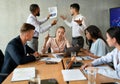 Workplace Conflicts. Stressed Group Of Business People Having Disagreements During Corporate Meeting