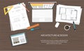 Workplace - Construction project architect house plan with tools, laptop and notebook. Construction background. Vector Illustratio