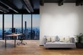 Workplace and cozy couch side by side in large modern office building with skyline view; work life balance conceptual; 3D