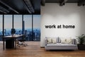 Workplace and cozy couch side by side in large modern office building with skyline view; work at home conceptual; 3D Illustration