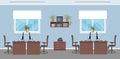 Workplace design with four workplaces, office furniture and windows. Office interior concept. Working indoor room