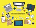 Workplace of designer with devices for work,Flat designed banner