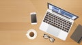 Workplace Desk Laptop Computer Cell Smart Phone Coffee Top Angle View Copy Space Royalty Free Stock Photo