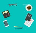 Workplace desk table top view for copy space with coffee cup, mobile phone and calculator, notepad and pens vector flat