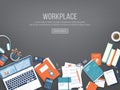 Workplace Desktop background. Top view of black table, laptop, folder, documents. Place for text. Royalty Free Stock Photo