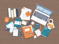 Workplace Desktop background. Top view of wooden table, laptop, books, folder