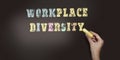Workplace Diversity words with a hand writing it on black board. Diversity equality by gender and age transparency concept