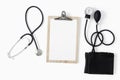 Workplace doctor sphygmomanometer white background top view