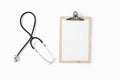 Workplace doctor stethoscope white background top view