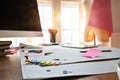 Workplace of fashion designer desk, Selective focus Royalty Free Stock Photo