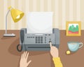 Workplace with a Fax and a girl pressing a button. Paperwork, Secretary. Vector illustration Royalty Free Stock Photo
