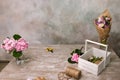 Workplace with flowers, bouquet and rope Royalty Free Stock Photo