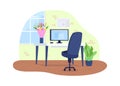 Workplace with flowers in vase 2D vector web banner, poster Royalty Free Stock Photo