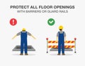 Workplace golden safety rule. Protect all floor openings with barriers or guard rails warning poster design.