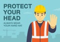Workplace golden safety rule. Protect your head, always wear your hard hat. Use personal protective equipment.