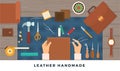 Workplace for handmade leather goods. Vector flat illustration. Table with tools and repairman hands