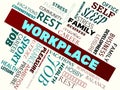 WORKPLACE - image with words associated with the topic work-life-balance, word cloud, cube, letter, image, illustration