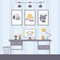 Workplace with inspirational posters, vector illustration. Modern office interior, desktop with computer monitor and