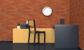 Workplace interior with black table and brick red wall. 3d rendering