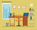 The workplace interior cartoon design with furniture, bookshelf. Freelancer, designer office workstation. Business concept flat st