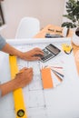 Workplace items tools for project, Architect or Engineer working on blueprint for architectural project in progress, construction Royalty Free Stock Photo