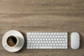 Workplace. Keyboard, mouse and cup of coffee on background, space for text