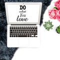 Workplace Laptop screen succulent fur flowers Flat lay mock up
