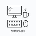 Workplace line icon. Computer monitor, keyboard, mouse and coffee mug vector illustration. Online work desktop top view