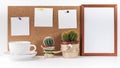 Workplace Mockup. Banner. Three white stickers, empty vertical frame, white cup, two cactus on a white background