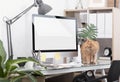 Workplace mockup concept. office decor desktop computer with equipment. creative workspace