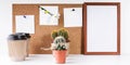 Workplace Mockup. Scandinavian style banner. Three white stickers, empty vertical frame, two cups of coffee, two cactus on a white