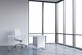 A workplace in a modern corner panoramic office, copy space on windows. A white leather chair and a white table. A concept of fina