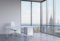 A workplace in a modern corner panoramic office in New York, Manhattan. A white leather chair and a white table.