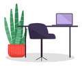 Workplace with modern laptop and comfortable chair, office table with computer and houseplant Royalty Free Stock Photo