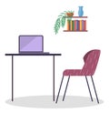 Workplace with modern wireless laptop and comfortable chair, office table with computer, bookshelf Royalty Free Stock Photo