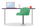 Workplace with modern wireless laptop and comfortable chair, office table with computer and cup Royalty Free Stock Photo