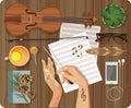 Workplace Music concept. Top view with textured table, feather, violin, bow, music paper Royalty Free Stock Photo