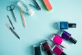Workplace in a nail salon. A set of tools for hand care on blue background. Place for text Royalty Free Stock Photo