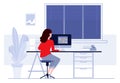 Workplace in office. Business woman working on computer at her desk. Vector illustration. Workspace