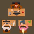 Workplace office tables vector business people team work process office concept web modern worker table top view flat