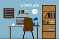 Workplace in old home room. Stylish and old interior.Quality design illustration, elements and concept. Flat style. Royalty Free Stock Photo
